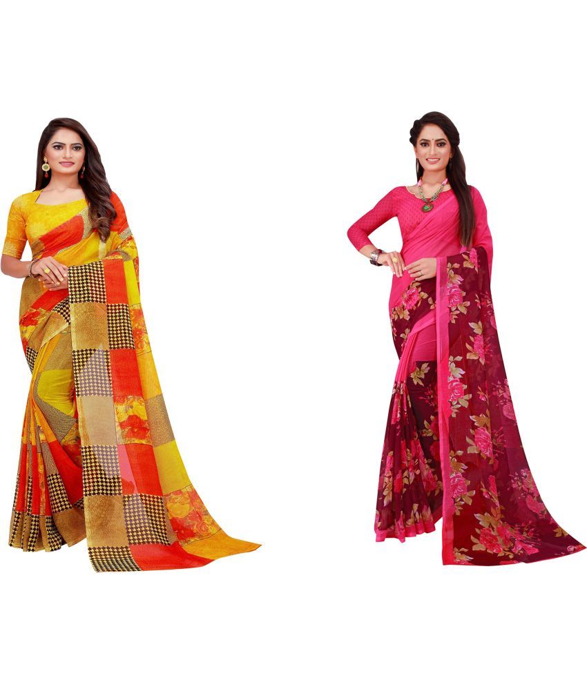     			Vkaran Cotton Silk Printed Saree With Blouse Piece - Multicolor ( Pack of 2 )