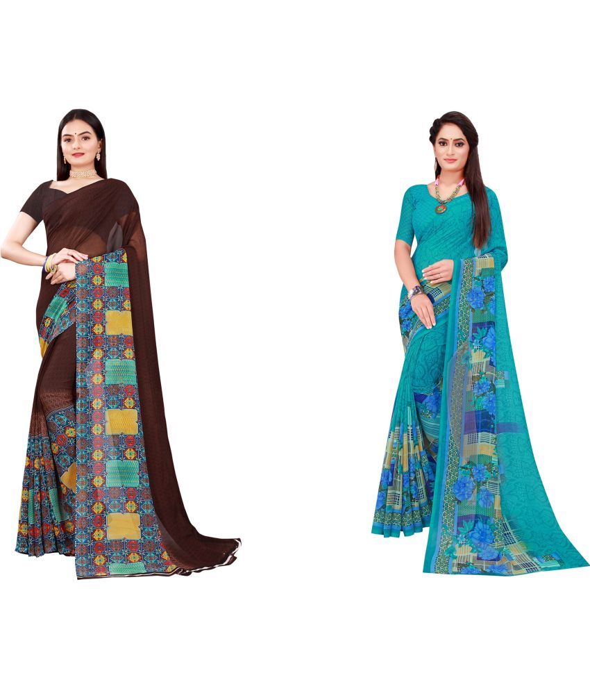     			Vkaran Cotton Silk Printed Saree With Blouse Piece - Multicolor ( Pack of 2 )