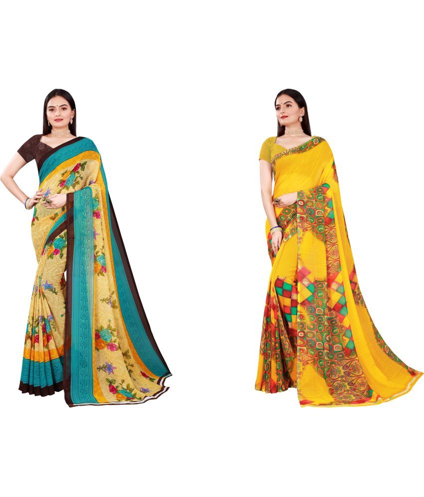     			Vkaran Cotton Silk Printed Saree With Blouse Piece - Multicolor ( Pack of 2 )