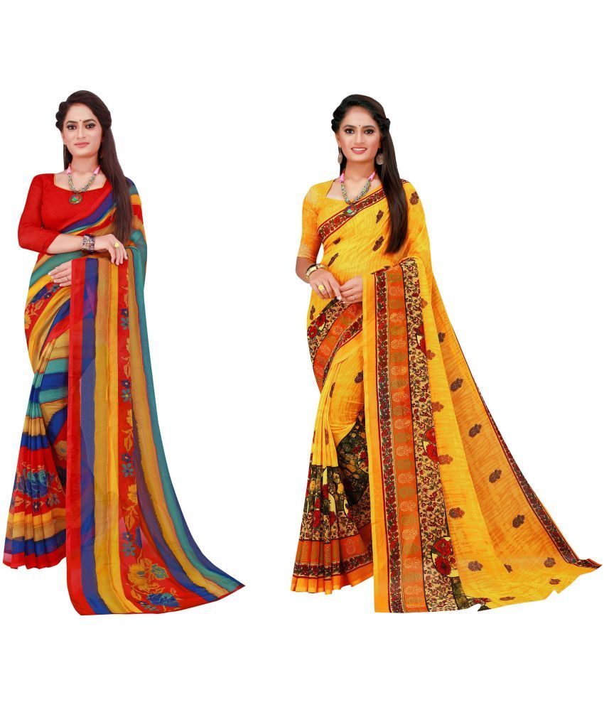     			Vkaran Cotton Silk Printed Saree With Blouse Piece - Multicolor ( Pack of 2 )