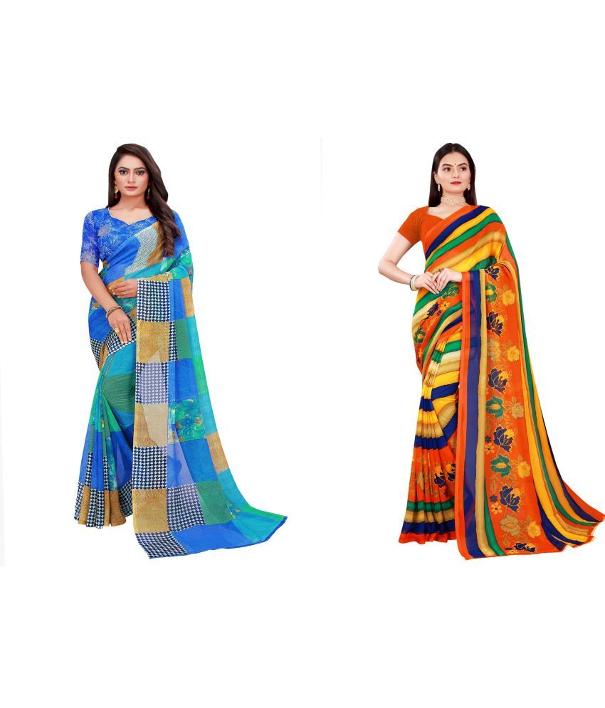     			Vkaran Cotton Silk Printed Saree With Blouse Piece - Multicolor ( Pack of 2 )