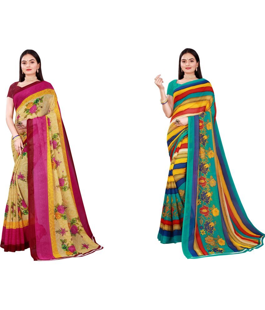     			Vkaran Cotton Silk Printed Saree With Blouse Piece - Multicolor ( Pack of 2 )