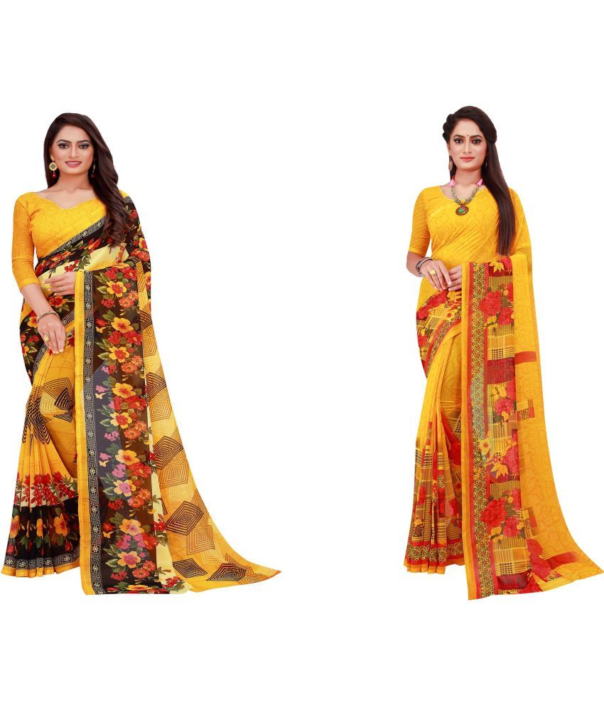     			Vkaran Cotton Silk Printed Saree With Blouse Piece - Multicolor ( Pack of 2 )