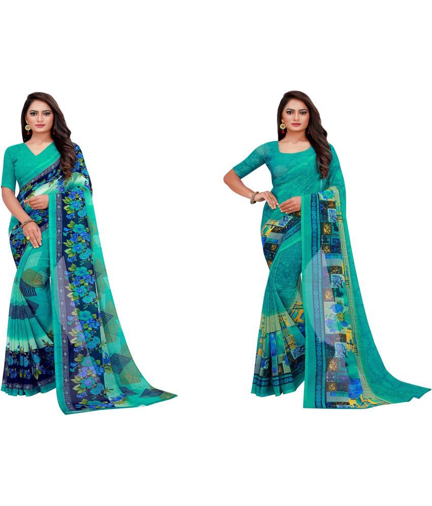     			Vkaran Cotton Silk Printed Saree With Blouse Piece - Multicolor ( Pack of 2 )