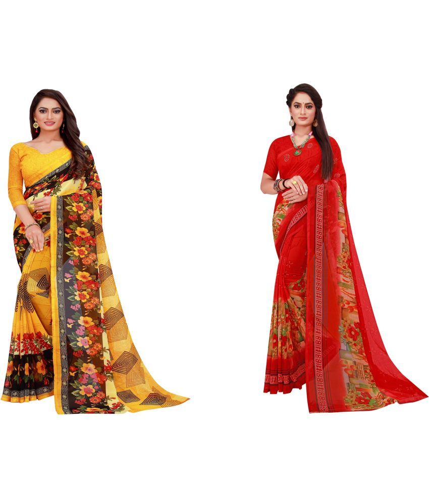     			Vkaran Cotton Silk Printed Saree With Blouse Piece - Multicolor ( Pack of 2 )