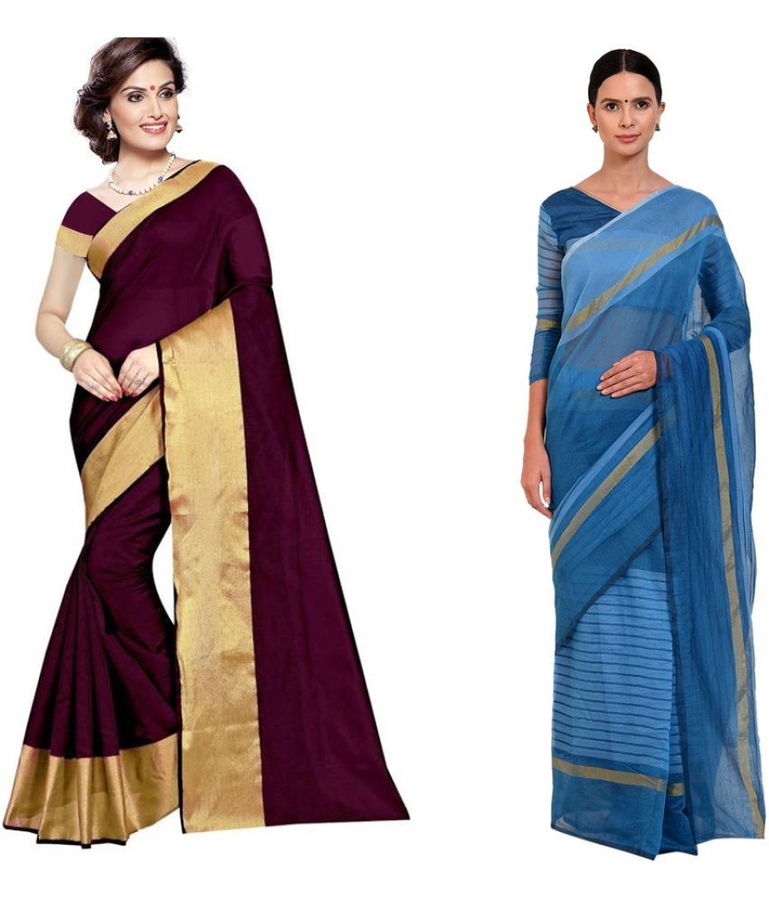     			Vkaran Cotton Silk Printed Saree With Blouse Piece - Multicolor ( Pack of 2 )