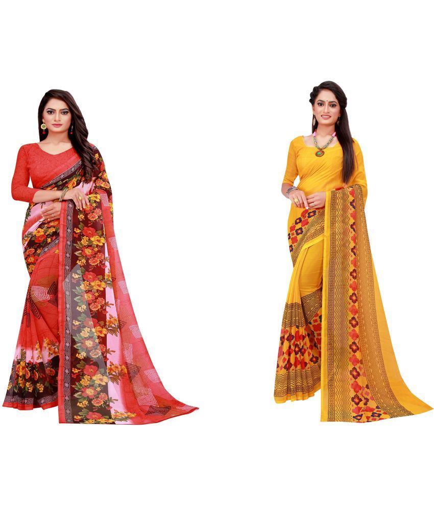     			Vkaran Cotton Silk Printed Saree With Blouse Piece - Multicolor ( Pack of 2 )