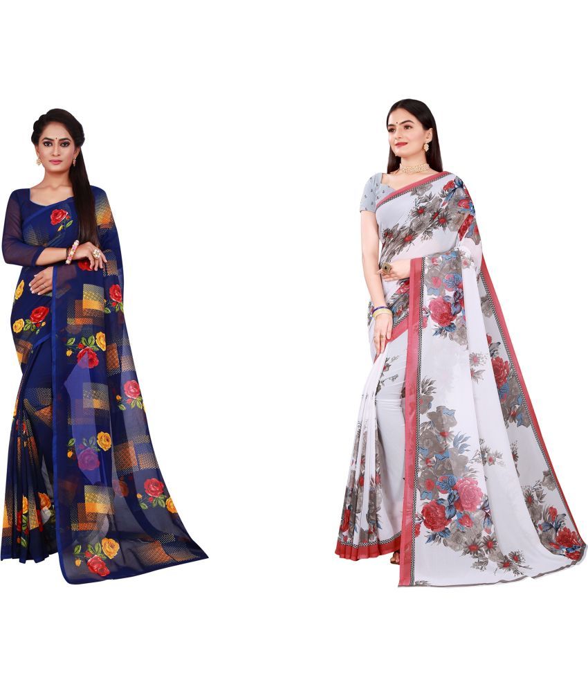     			Vkaran Cotton Silk Printed Saree With Blouse Piece - Multicolor ( Pack of 2 )