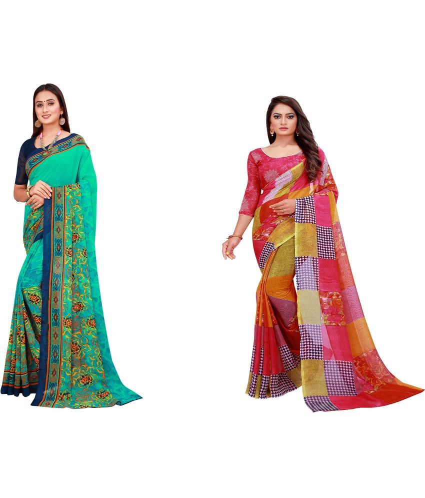     			Vkaran Cotton Silk Printed Saree With Blouse Piece - Multicolor ( Pack of 2 )