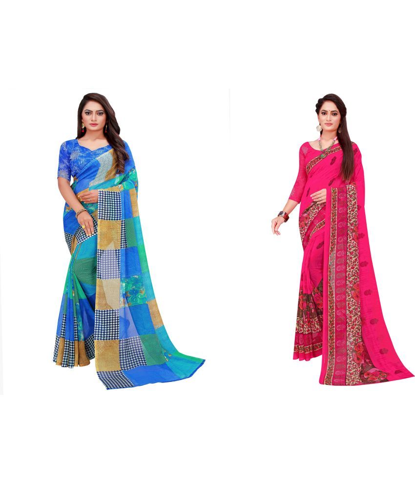     			Vkaran Cotton Silk Printed Saree With Blouse Piece - Multicolor ( Pack of 2 )