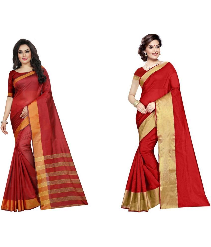     			Vkaran Cotton Silk Printed Saree With Blouse Piece - Multicolor ( Pack of 2 )