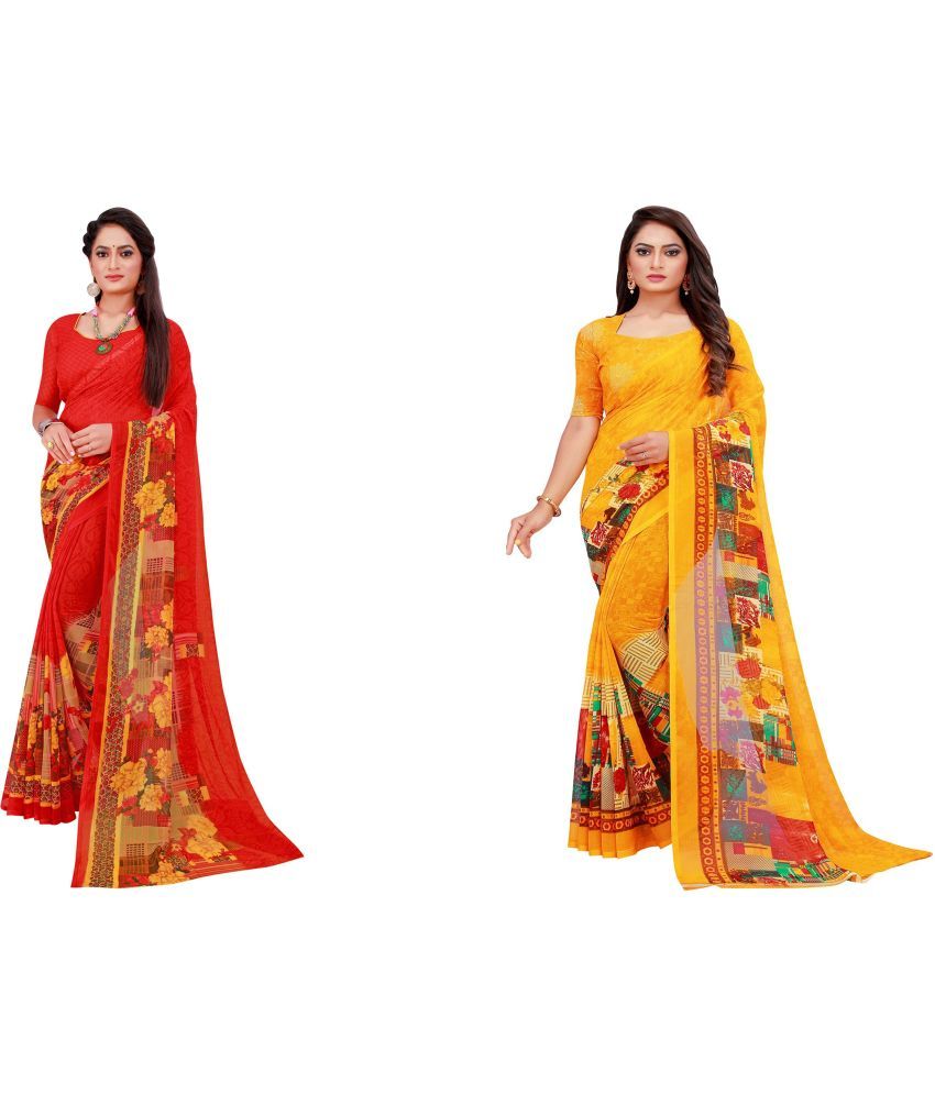     			Vkaran Cotton Silk Printed Saree With Blouse Piece - Multicolor ( Pack of 2 )