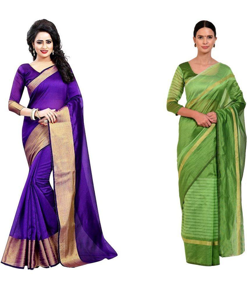     			Vkaran Cotton Silk Printed Saree With Blouse Piece - Multicolor ( Pack of 2 )