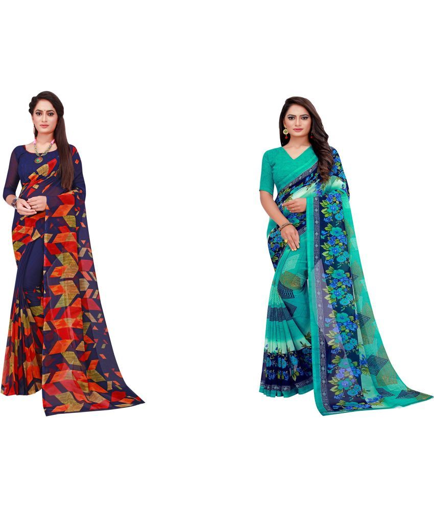     			Vkaran Cotton Silk Printed Saree With Blouse Piece - Multicolor ( Pack of 2 )