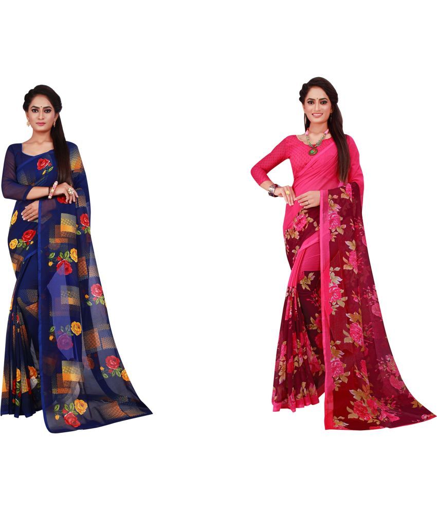     			Vkaran Cotton Silk Printed Saree With Blouse Piece - Multicolor ( Pack of 2 )