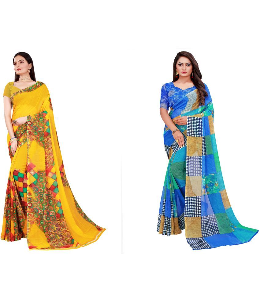     			Vkaran Cotton Silk Printed Saree With Blouse Piece - Multicolor ( Pack of 2 )