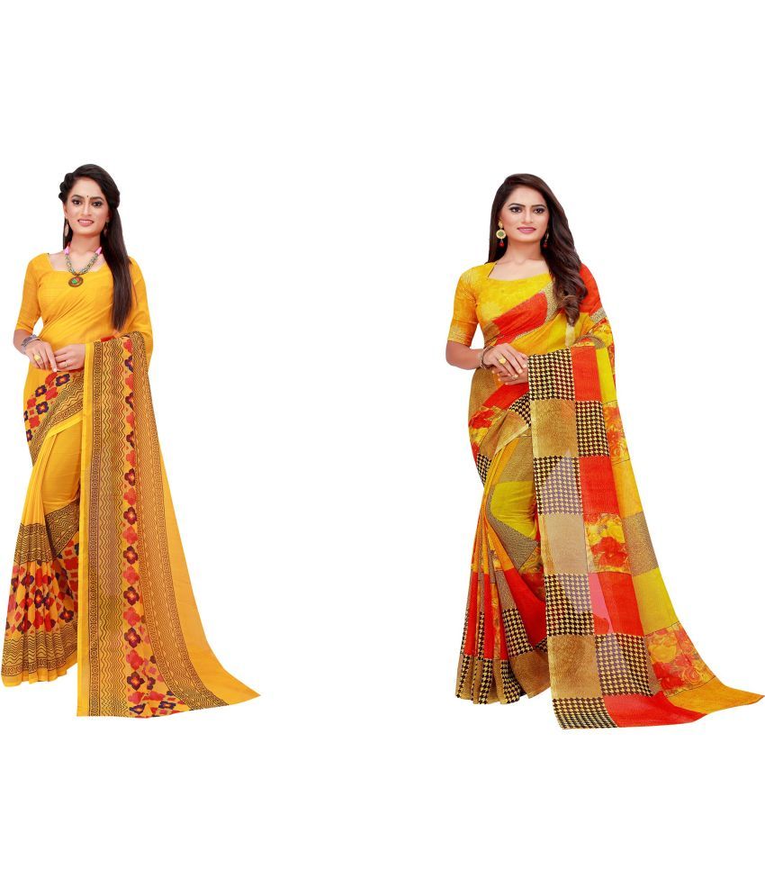     			Vkaran Cotton Silk Printed Saree With Blouse Piece - Multicolor ( Pack of 2 )