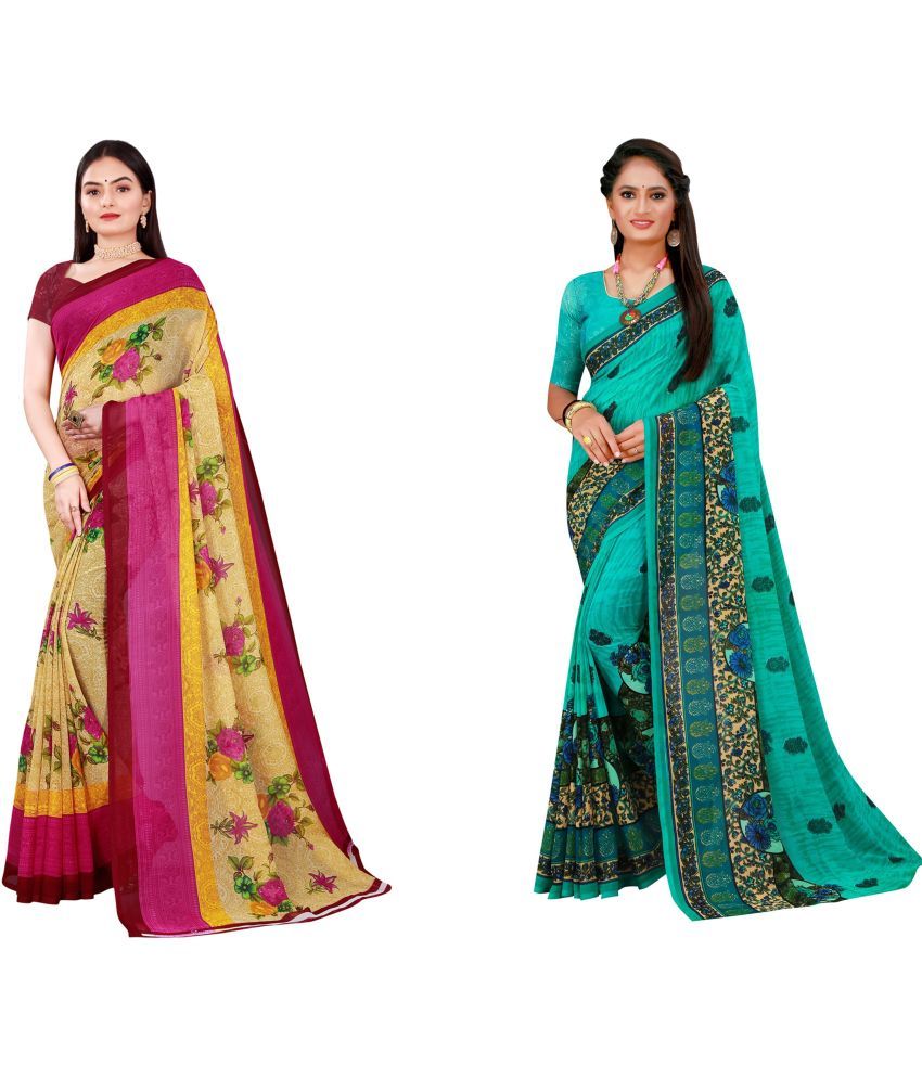     			Vkaran Cotton Silk Printed Saree With Blouse Piece - Multicolor ( Pack of 2 )