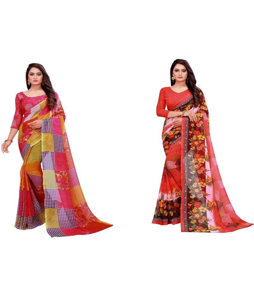     			Vkaran Cotton Silk Printed Saree With Blouse Piece - Multicolor ( Pack of 2 )