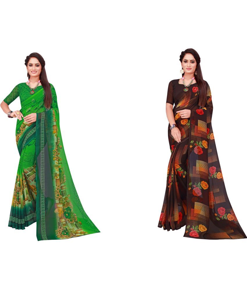     			Vkaran Cotton Silk Printed Saree With Blouse Piece - Multicolor ( Pack of 2 )