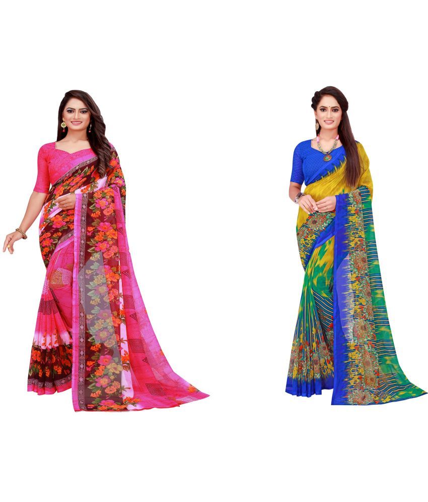     			Vkaran Cotton Silk Printed Saree With Blouse Piece - Multicolor ( Pack of 2 )