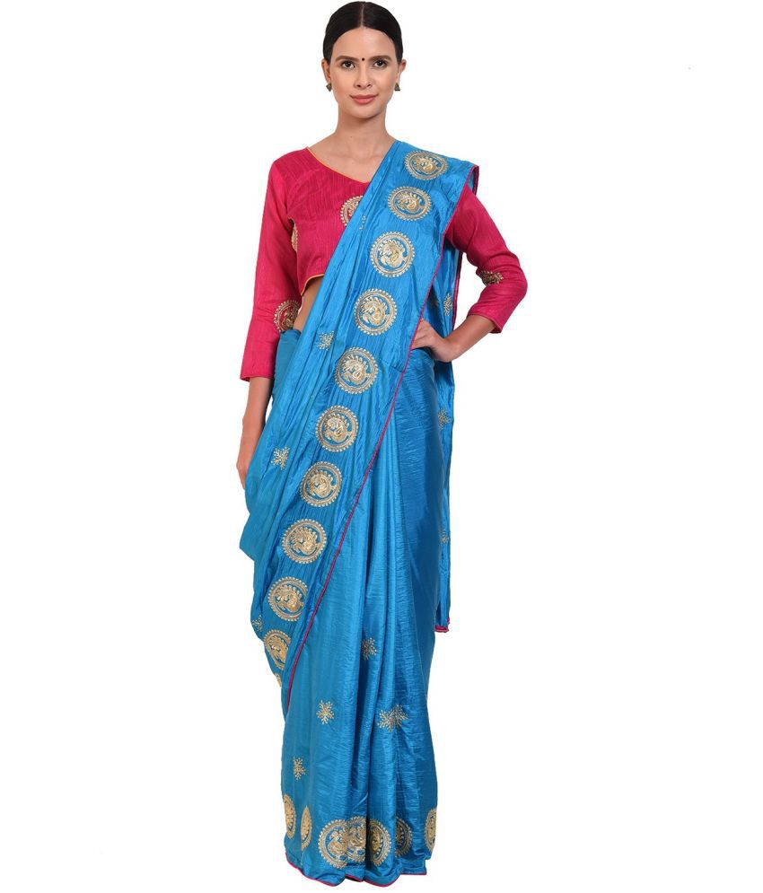     			Vkaran Cotton Silk Solid Saree Without Blouse Piece - Blue ( Pack of 1 )