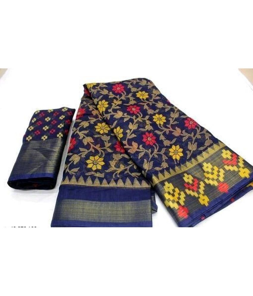     			Vkaran Cotton Silk Solid Saree Without Blouse Piece - Navy Blue ( Pack of 1 )