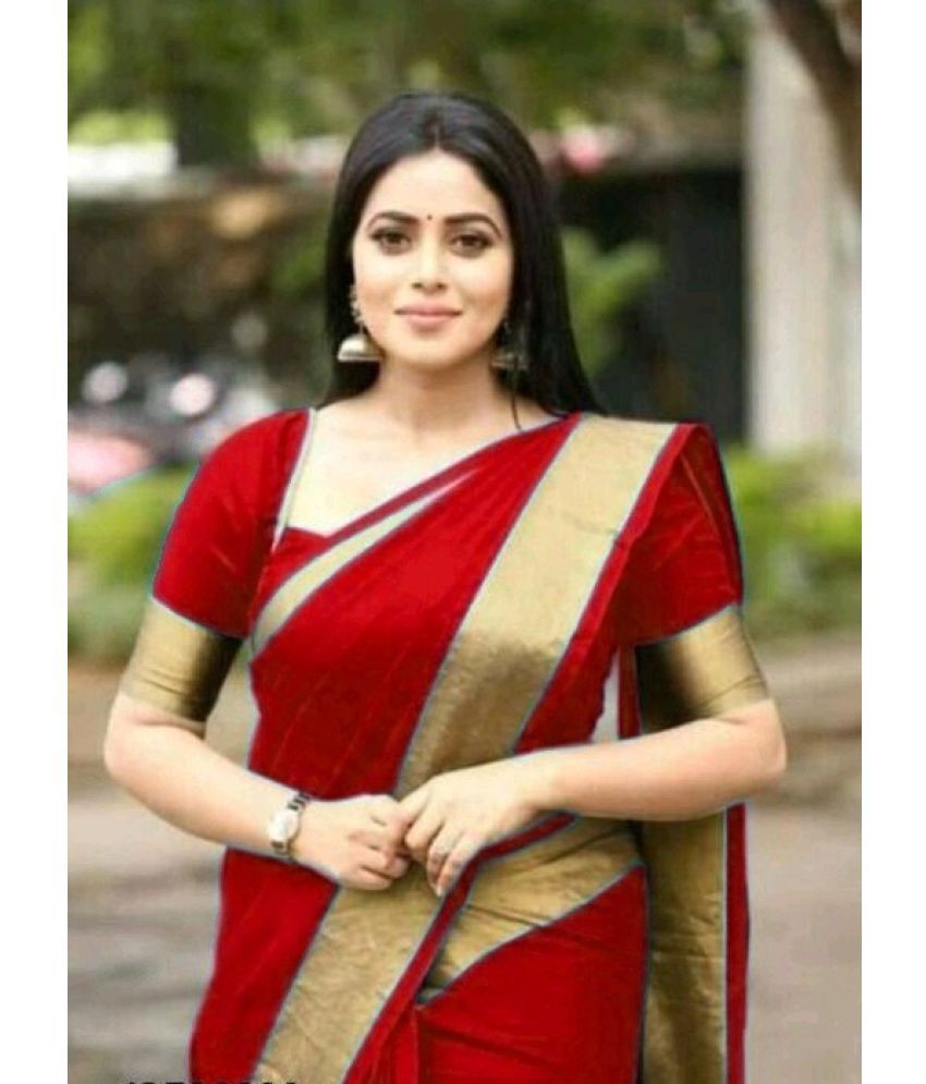     			Vkaran Net Cut Outs Saree With Blouse Piece - Red ( Pack of 1 )