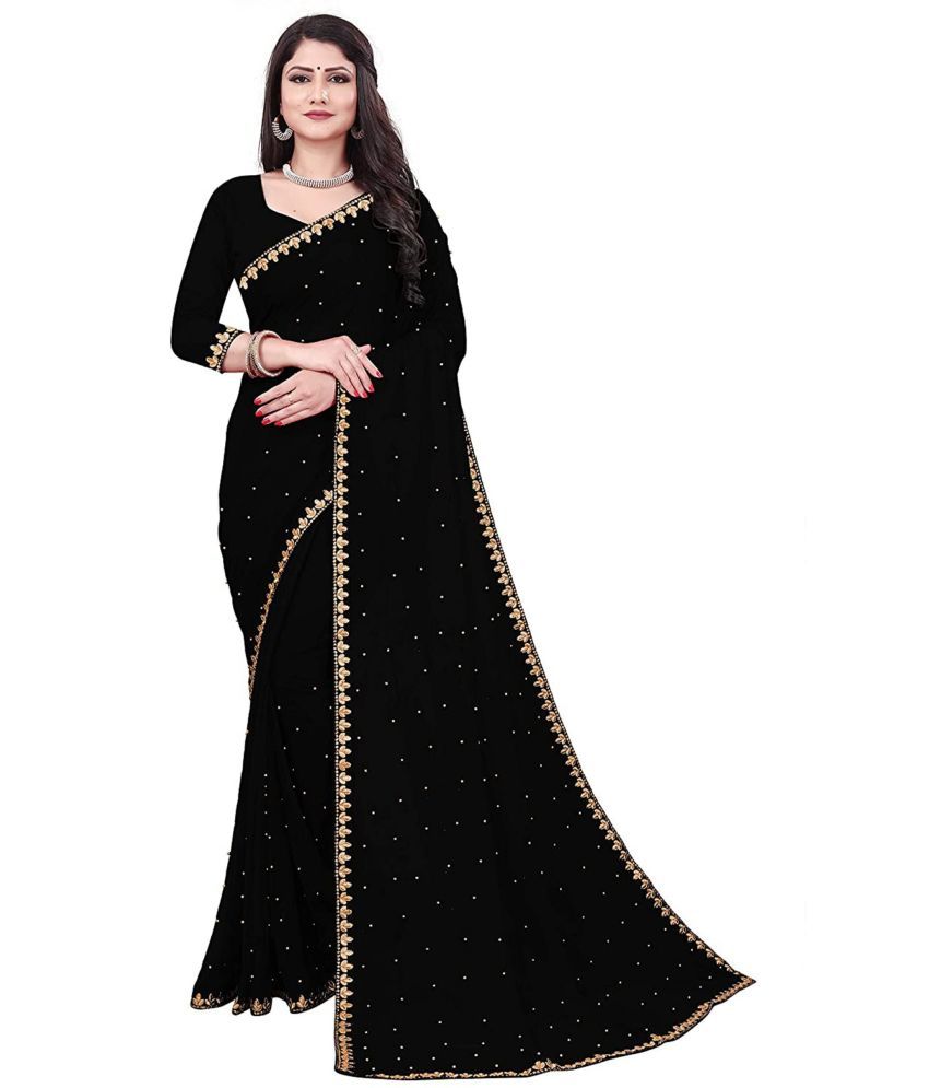     			Vkaran Net Cut Outs Saree With Blouse Piece - Black ( Pack of 1 )