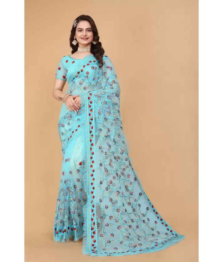     			A TO Z CART Net Embroidered Saree With Blouse Piece - SkyBlue ( Pack of 1 )