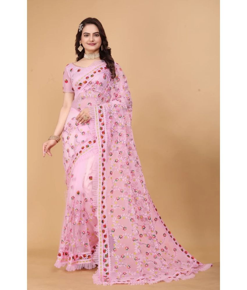     			Aika Net Embroidered Saree With Blouse Piece - Pink ( Pack of 1 )