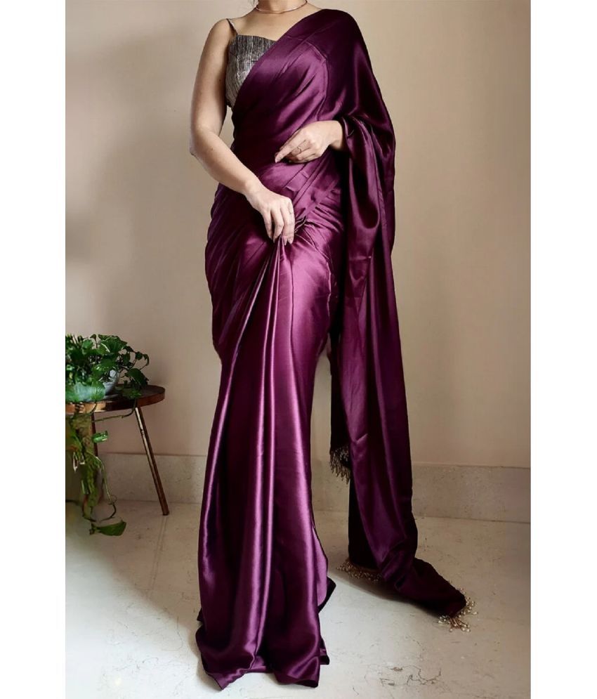     			Apnisha Satin Solid Saree With Blouse Piece - Purple ( Pack of 1 )