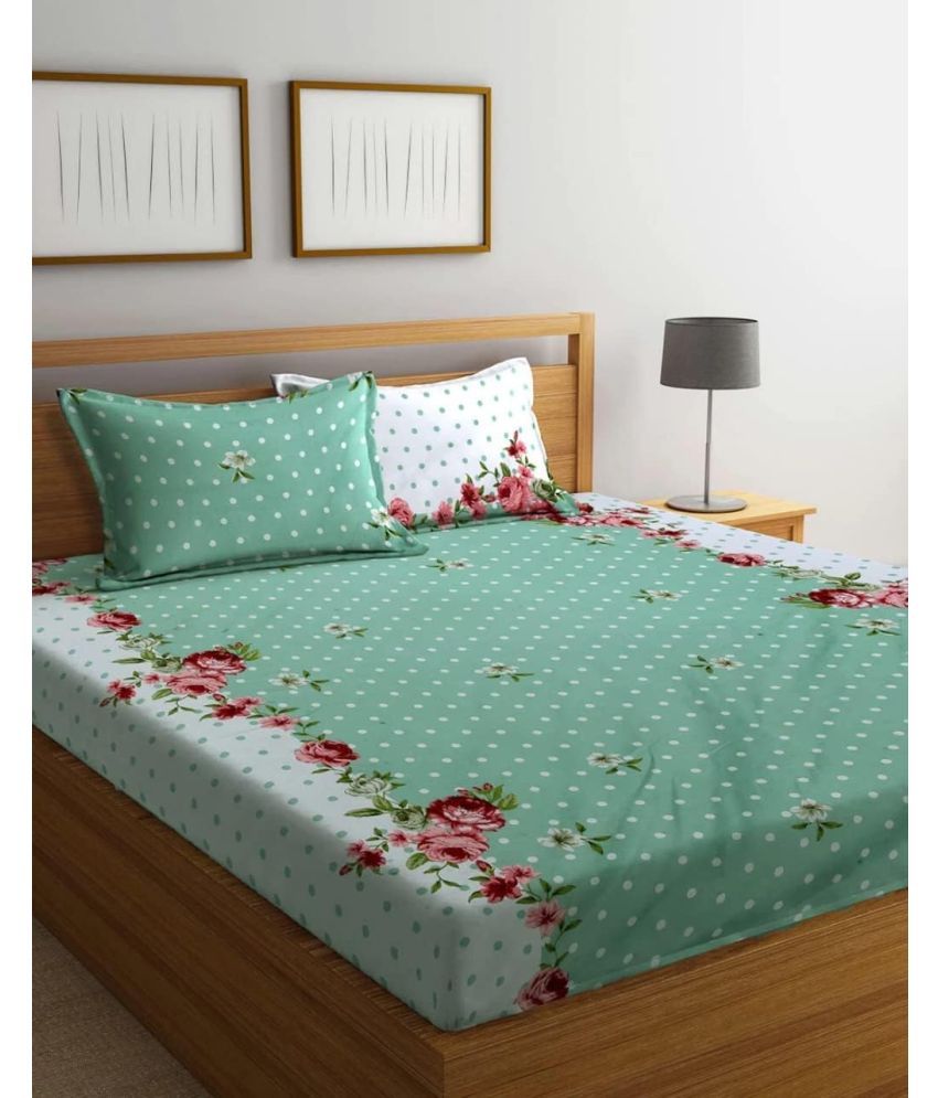     			Exopick Microfiber Floral 1 Double Bedsheet with 2 Pillow Covers - Green