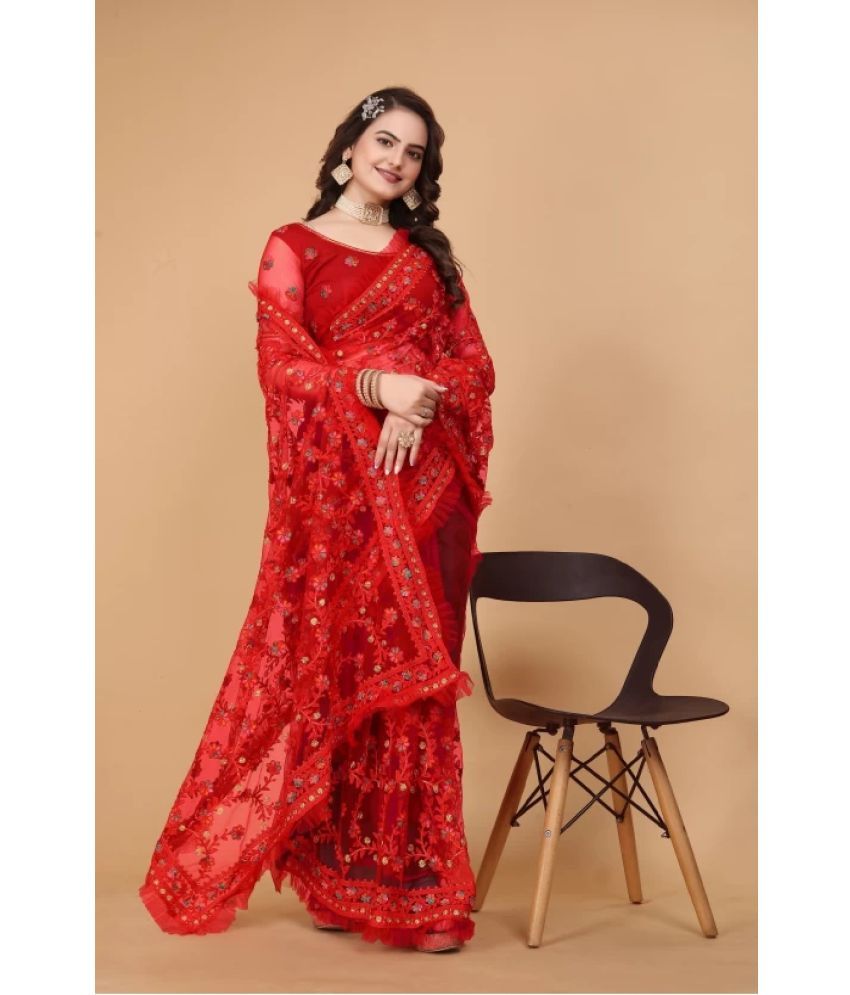     			JULEE Net Embroidered Saree With Blouse Piece - Red ( Pack of 1 )