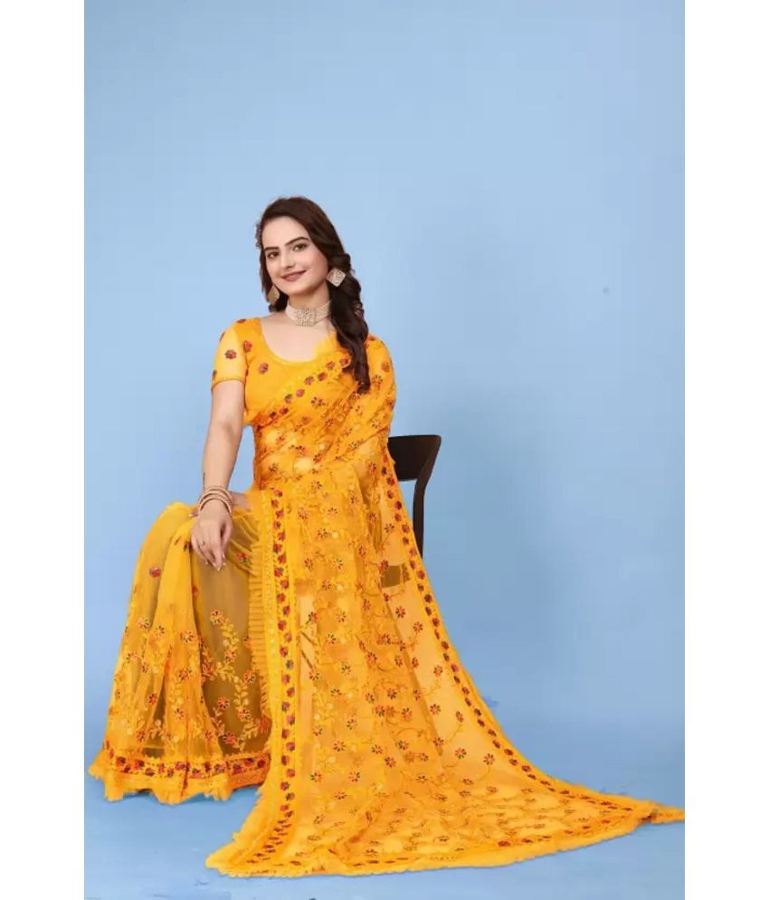     			JULEE Net Embroidered Saree With Blouse Piece - Yellow ( Pack of 1 )