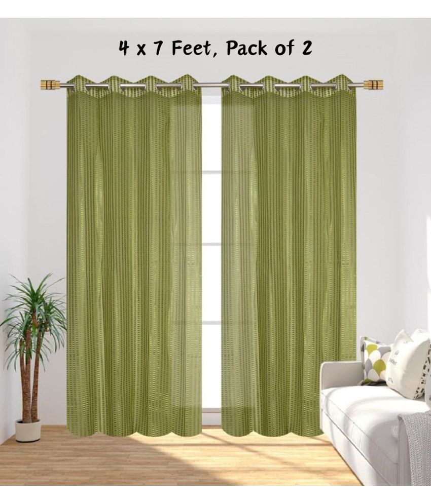     			SWIZIER Vertical Striped Semi-Transparent Eyelet Curtain 7 ft ( Pack of 2 ) - Green