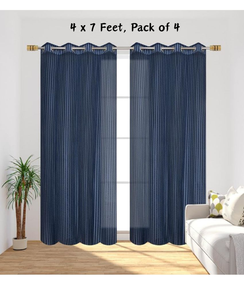     			SWIZIER Vertical Striped Semi-Transparent Eyelet Curtain 7 ft ( Pack of 4 ) - Blue