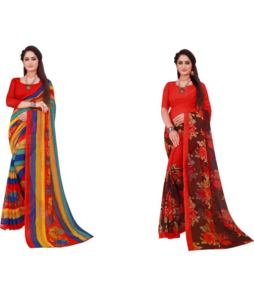     			Saadhvi Cotton Silk Printed Saree With Blouse Piece - Multicolor ( Pack of 2 )