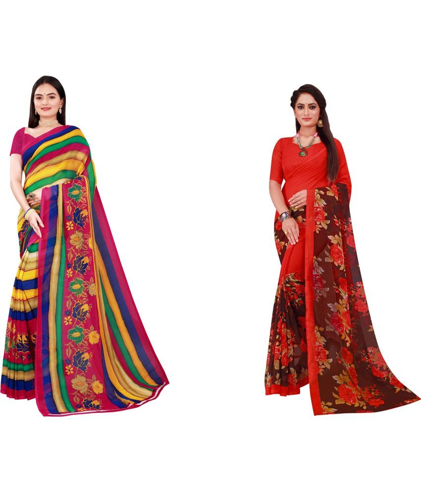     			Saadhvi Cotton Silk Printed Saree With Blouse Piece - Multicolor ( Pack of 2 )