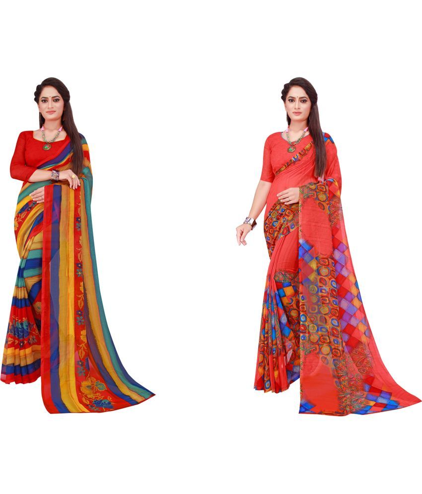     			Saadhvi Cotton Silk Printed Saree With Blouse Piece - Multicolor ( Pack of 2 )