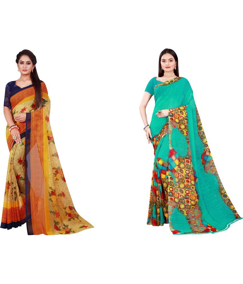     			Saadhvi Cotton Silk Printed Saree With Blouse Piece - Multicolor ( Pack of 2 )