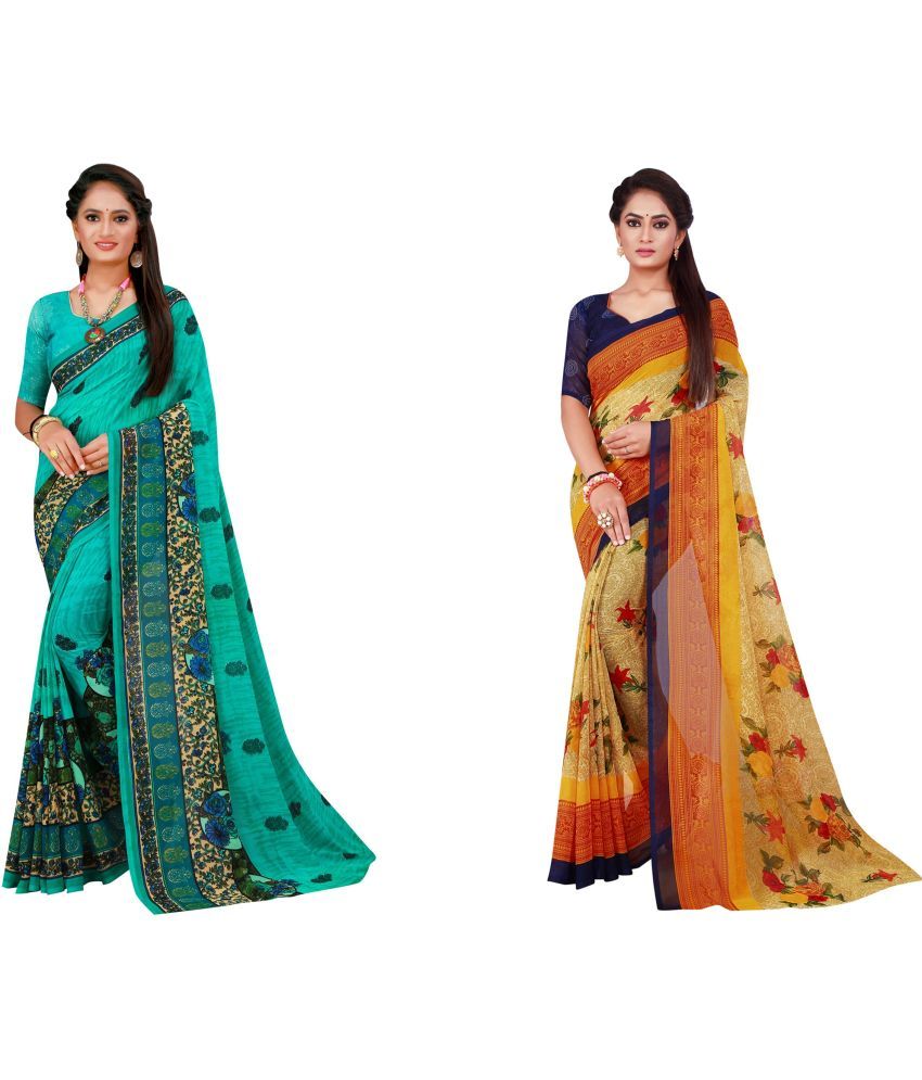     			Saadhvi Cotton Silk Printed Saree With Blouse Piece - Multicolor ( Pack of 2 )