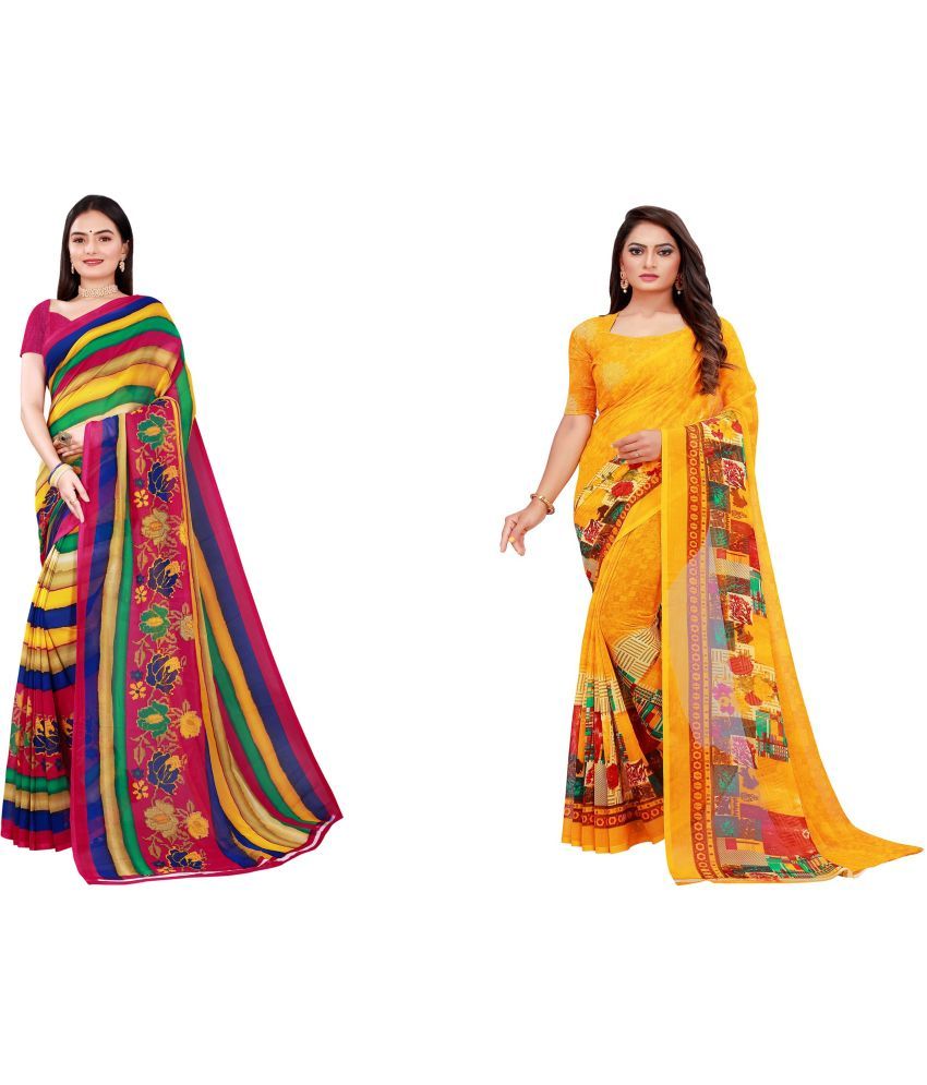     			Saadhvi Cotton Silk Printed Saree With Blouse Piece - Multicolor ( Pack of 2 )