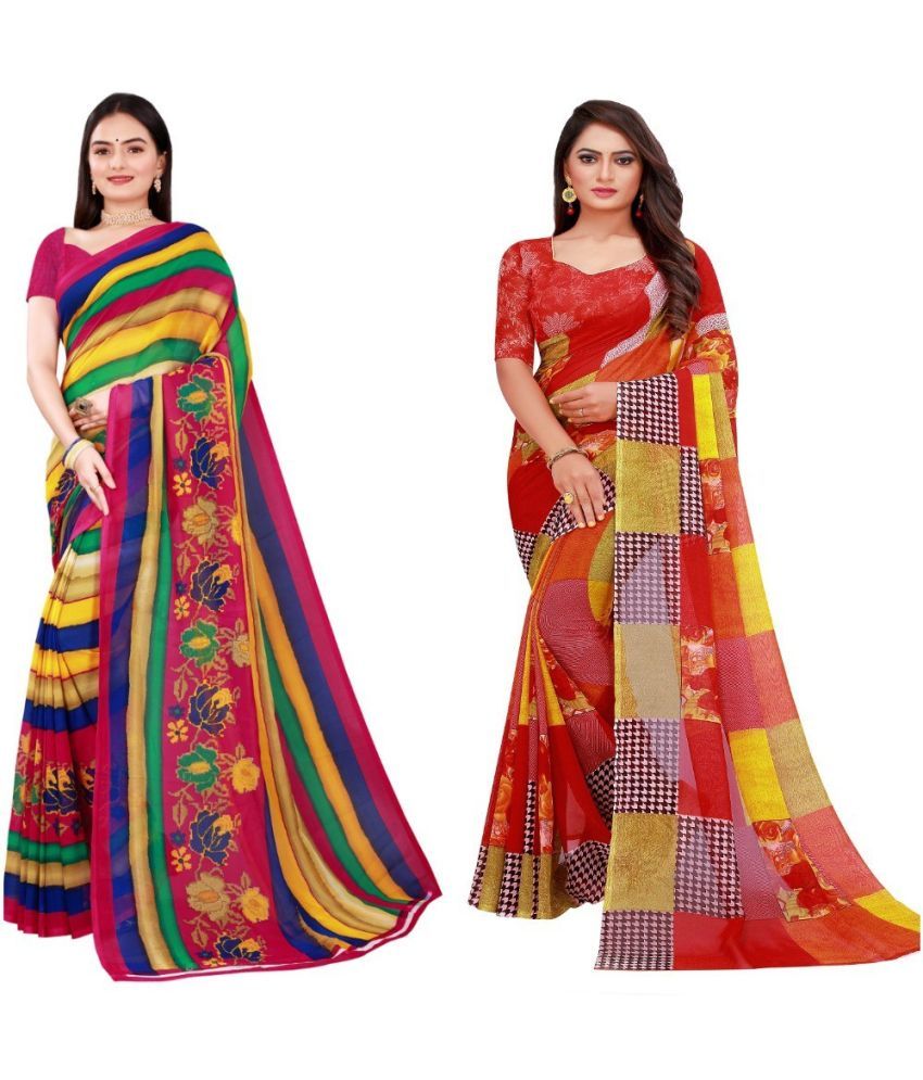     			Saadhvi Cotton Silk Printed Saree With Blouse Piece - Multicolor ( Pack of 2 )