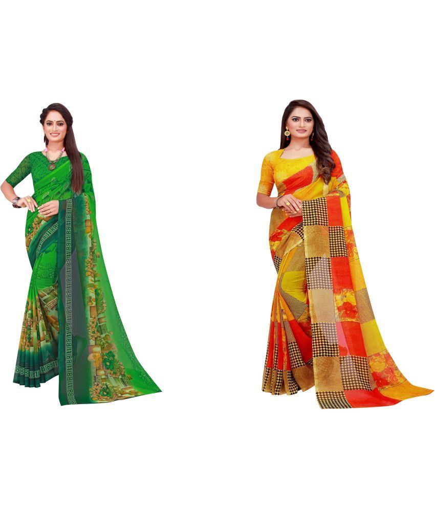     			Saadhvi Cotton Silk Printed Saree With Blouse Piece - Multicolor ( Pack of 2 )