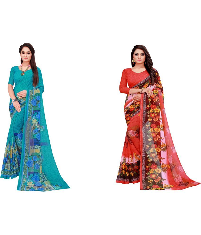     			Saadhvi Cotton Silk Printed Saree With Blouse Piece - Multicolor ( Pack of 2 )