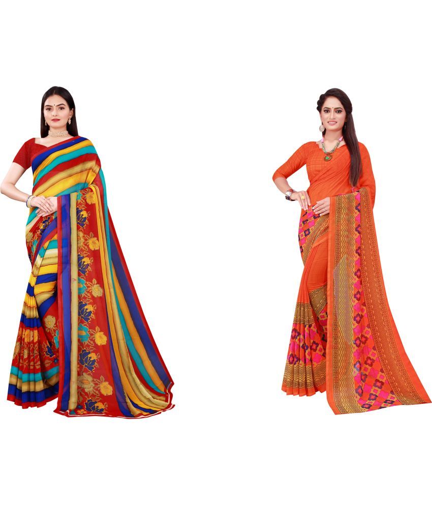     			Saadhvi Cotton Silk Printed Saree With Blouse Piece - Multicolor ( Pack of 2 )