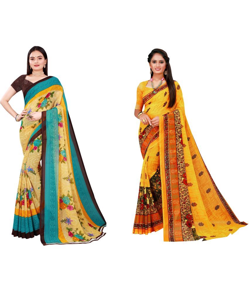     			Saadhvi Cotton Silk Printed Saree With Blouse Piece - Multicolor ( Pack of 2 )