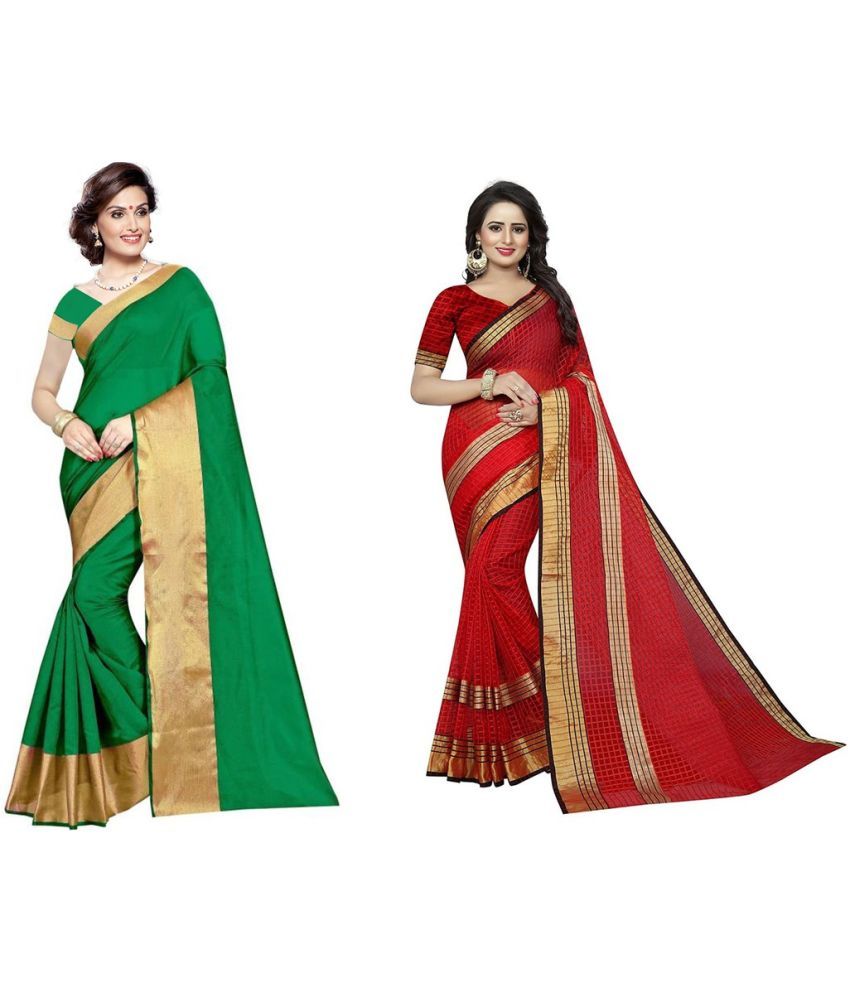     			Saadhvi Cotton Silk Printed Saree With Blouse Piece - Multicolor ( Pack of 2 )