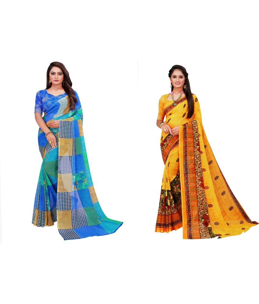     			Saadhvi Cotton Silk Printed Saree With Blouse Piece - Multicolor ( Pack of 2 )